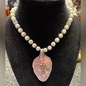 Elegant Pearl Necklace with Silver and Gold Pendant